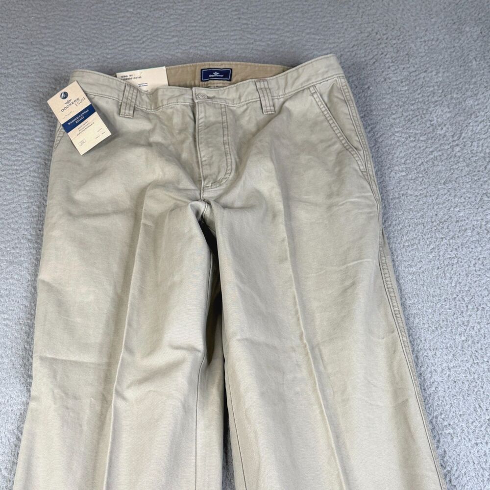 DOCKERS Pants Men 34 x 29 Relaxed Fit Washed Canvas Khaki Flat Front School